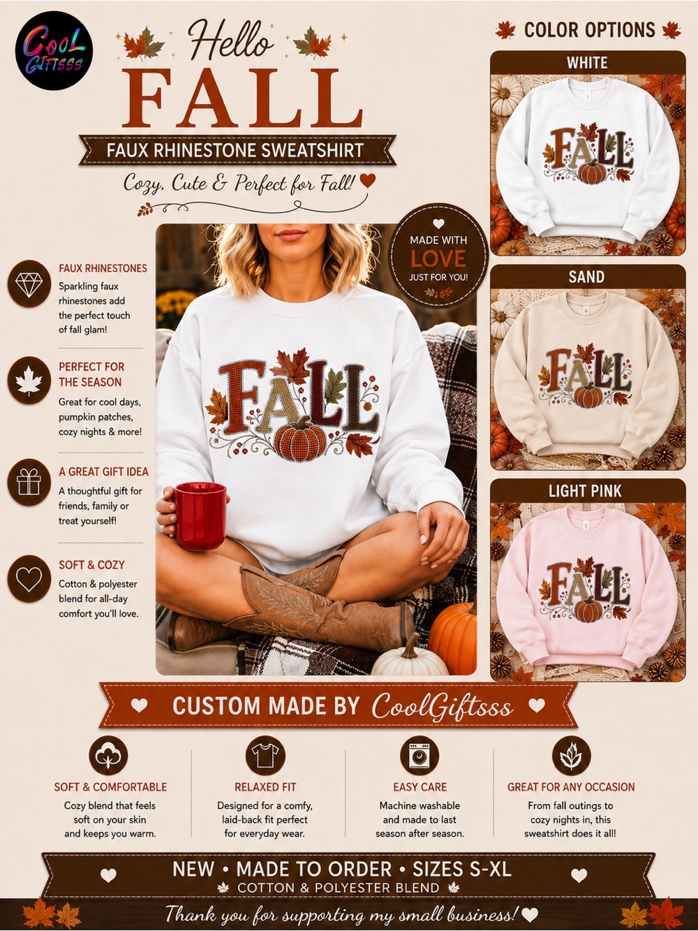 White "Fall" Faux Rhinestone Sweatshirt - Cozy Women's Hoodie